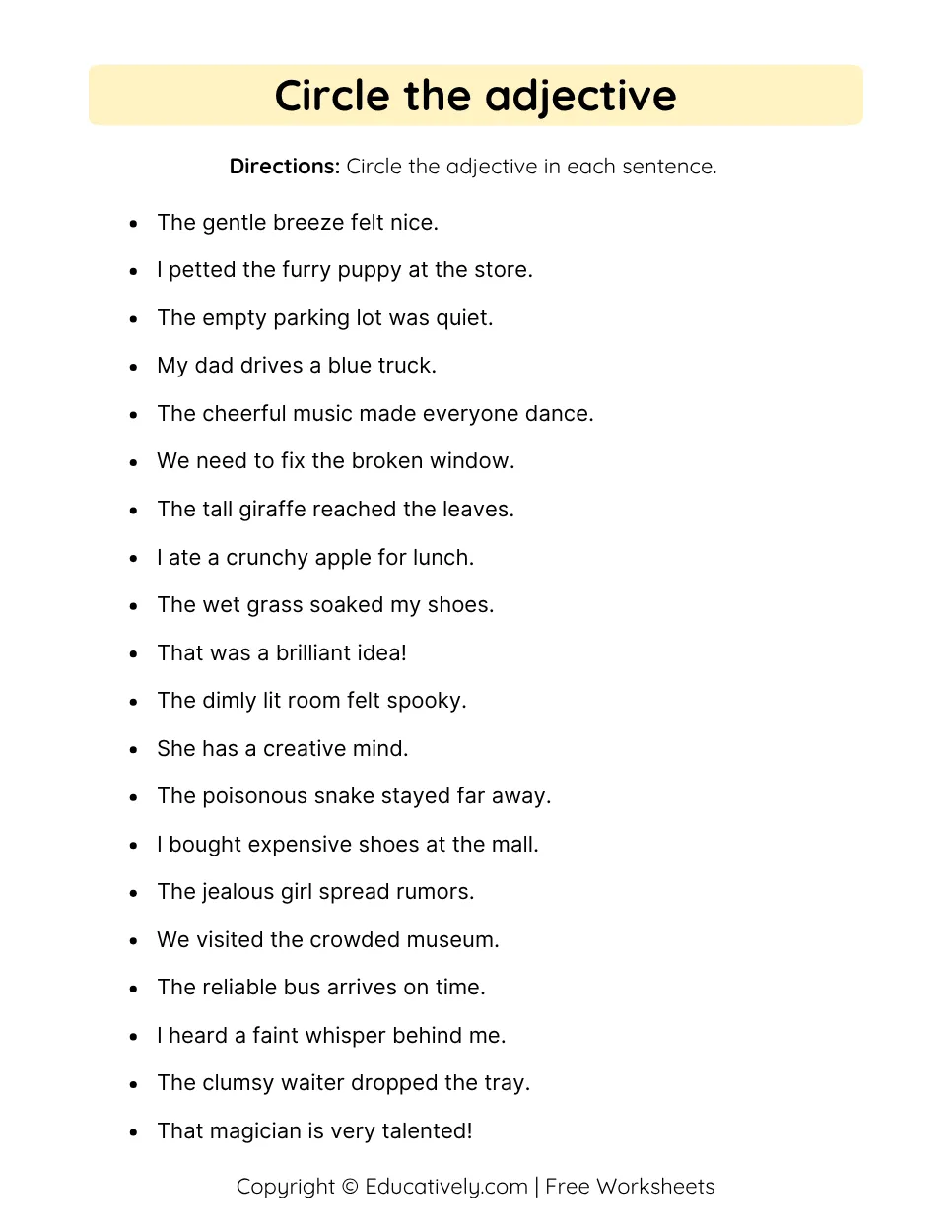 Find and Circle the Adjectives Worksheet 3