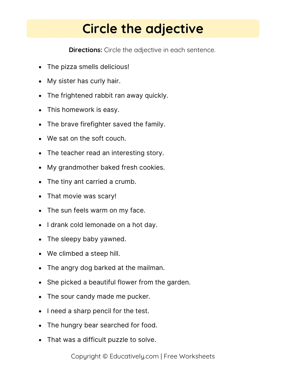 Find and Circle the Adjectives Worksheets 1