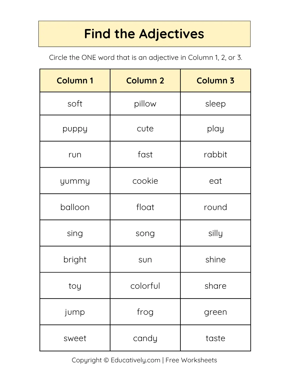 Identify Find the Adjectives Worksheet 1