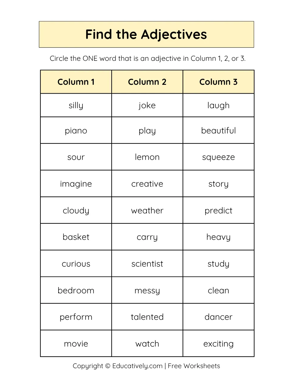 Identify Find the Adjectives Worksheet 3
