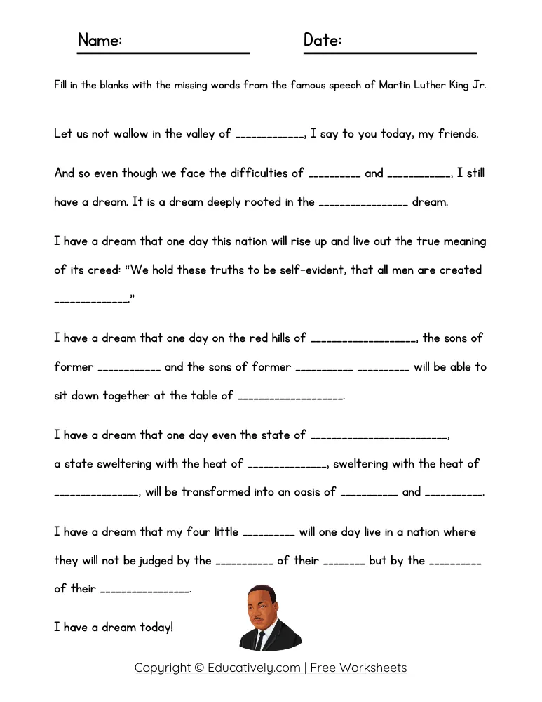 I Have a Dream Martin Luther King Jr. Fill in the Blanks