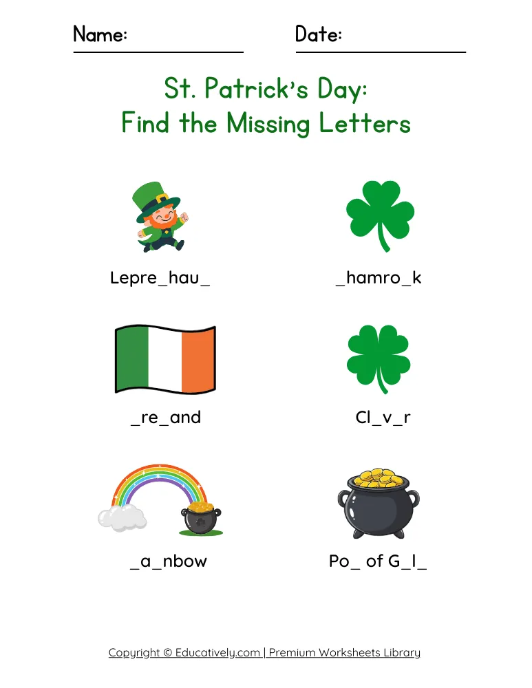 St. Patrick’s Day Find the Missing Letters