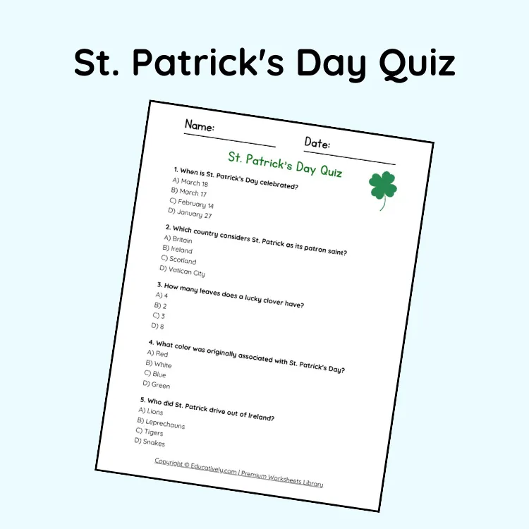 St. Patrick's Day Quiz Printable Worksheet