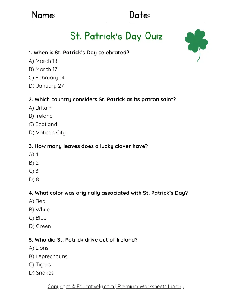 St. Patrick's Day Quiz Printable