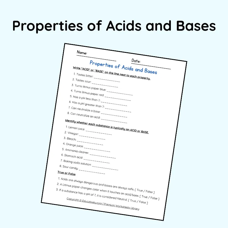 Properties of Acids and Bases Worksheet
